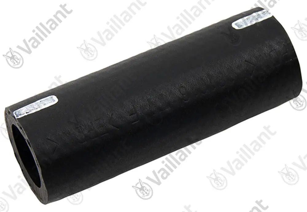 Schwarzer, zylindrischer Gummischlauch mit glatter Oberfläche, vermutlich für technische Anwendungen, sichtbar mit dem Logo von Vaillant.